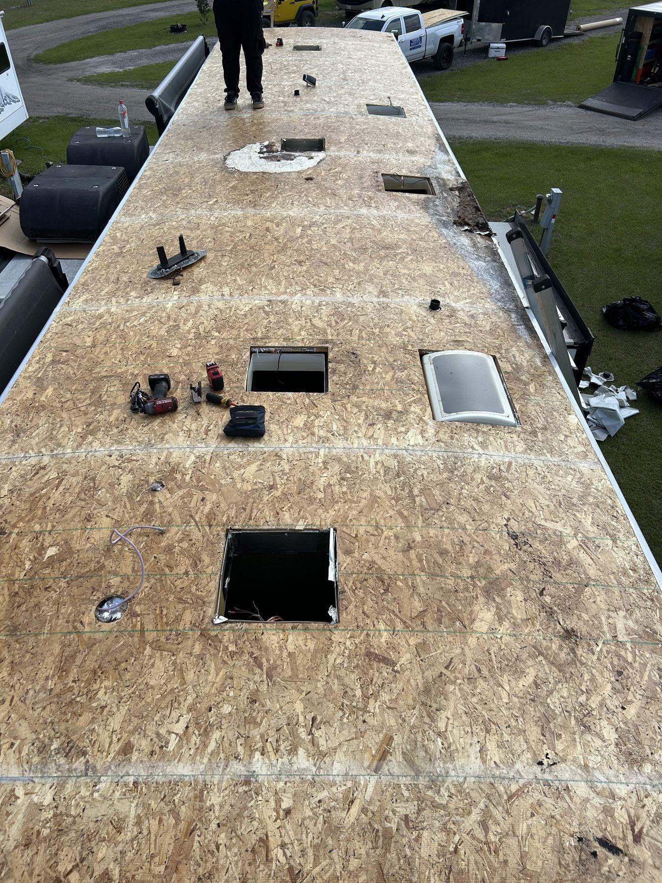 RV roof decking replacement before membrane installation