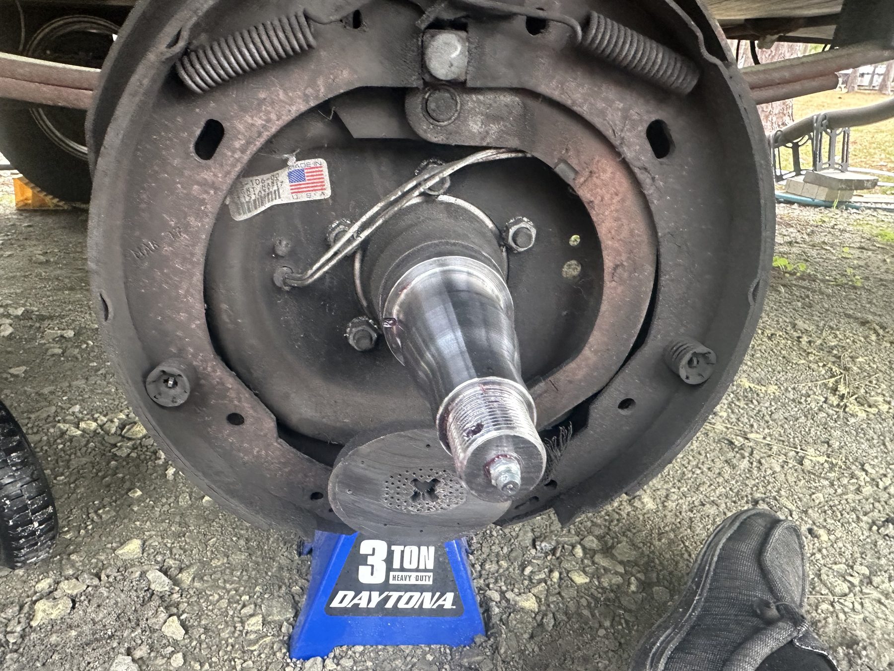 RV wheel hub spindle and brake service close-up